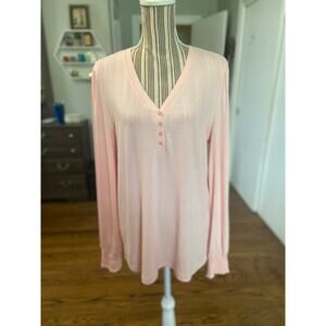 Soft pink knit long sleeve v neck Henley style with smocked cuffs.